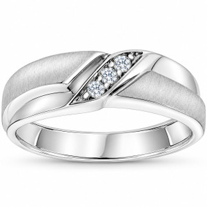 Mens 1/10ct White Gold Diamond Ring Contour Brushed Three Stone Wedding Band (H-I, I1)