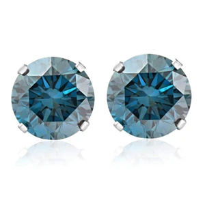 1 1/4 Ct T.W. Round Blue Diamond Studs in 14k White Gold Lab Grown (Blue, SI)