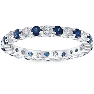 1 cttw Blue Sapphire Diamond Wedding Eternity Ring 14k White Gold (G-H, I1)