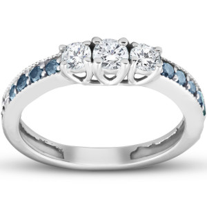 1/2 Ct Blue & White Diamond Three Stone Engagement Anniversary Ring White Gold (H-I, I1)