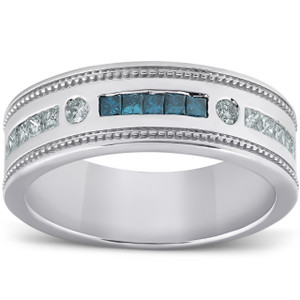 1/2 Ct Mens Blue Diamond Princess Cut Wedding Ring 10k White Gold (H-I, I1)