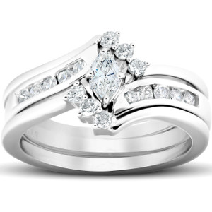 1/2 Ct Marquise Diamond Engagement Trio Wedding Ring Set 10k White Gold (H-I, I1)