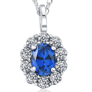 2 ct Oval Created Blue Sapphire & Genuine Diamond Halo Pendant 14K White Gold (G-H, I1)