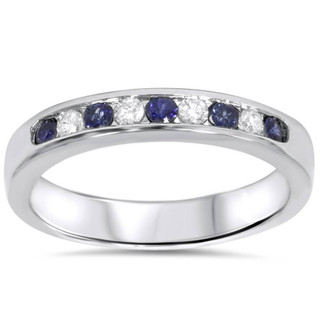 1ct Blue Sapphire & Diamond Vintage Anniversary Ring 14K White Gold