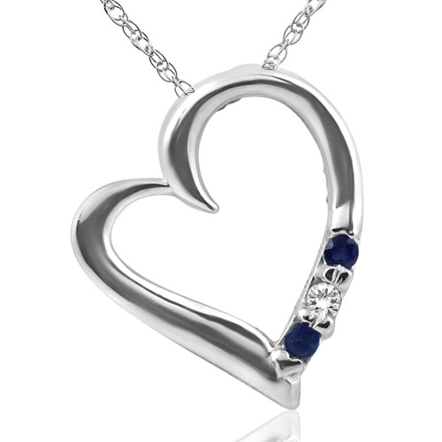 Diamond & Blue Sapphire Heart Pendant 3-Stone 14K White Gold with 18" Chain (G-H, I2-I3)