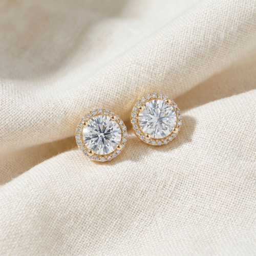 2 1/5 Ct Diamond Halo Screw Back Studs 10k Yellow Gold Lab Grown (G-H, VS2-SI1)