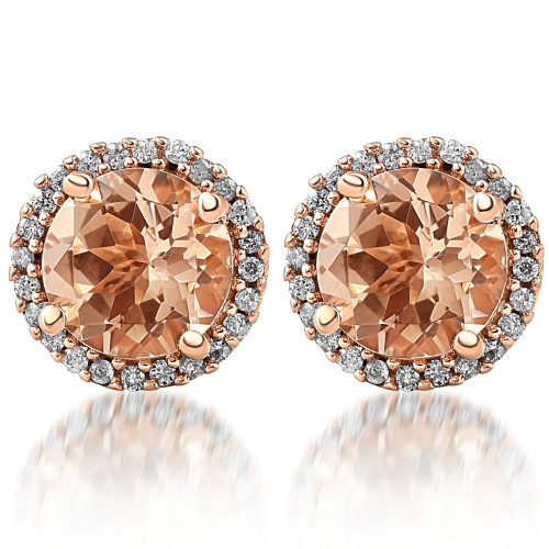 1 1/2 Ct Diamond & Morganite Rose Gold Halo Studs Screw Back Earrings Rose Gold (I-J, I2-I3)