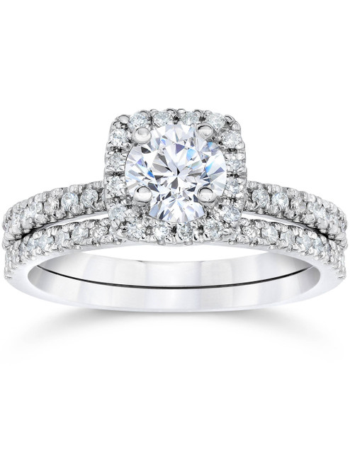 1 ct Diamond Cushion Halo Engagement Wedding Ring Set 14k White Gold (H-I, I1)