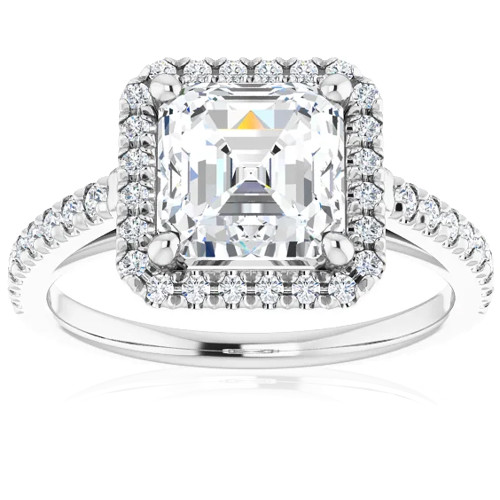 2 1/2Ct Asscher Cut Moissanite & Diamond Halo Engagement Ring in 10k Gold (G/H, VS1-VS2)
