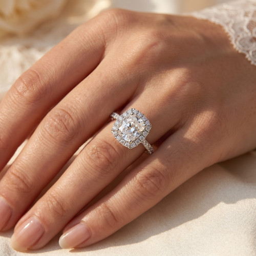 Certified 2 1/2Ct Cushion Halo Diamond Engagement Ring 14k Gold Lab Grown (G-H, VS2-SI1)
