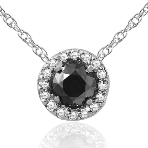 3/8 ct Black & White Diamond Pave Halo Solitaire Pendant Necklace 14K Whte Gold (J-K, I2-I3)