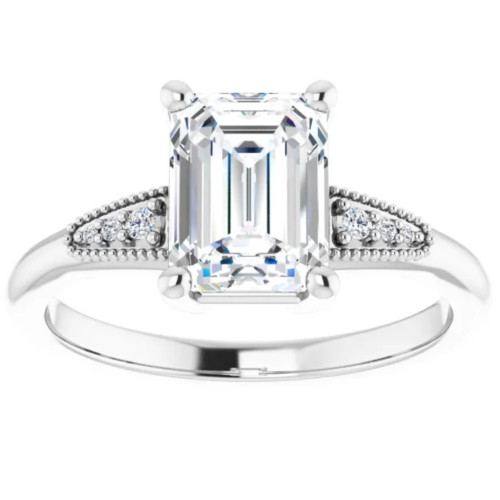 1 3/4Ct Diamond & Emerald Cut Moissanite Vintage Engagement Ring White Gold (G-H, I1)