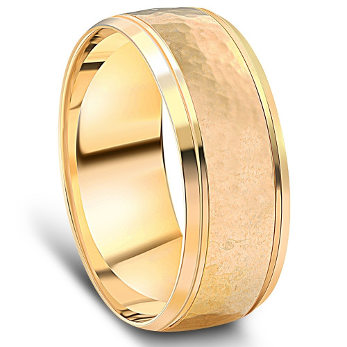Men's 8mm 14k Yellow Gold Ring Hammered Beveled Edge Wedding Band