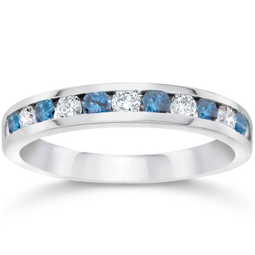 1/2ct Blue & White Diamond Channel Set Wedding Ring 14K White Gold (Blue, SI)