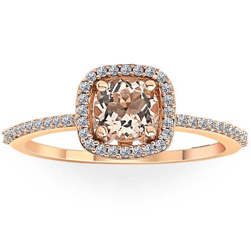 1 Ct Cushion Halo 6mm Morganite & Diamond Rose Gold Engagement Anniversary Ring (G-H, I1)