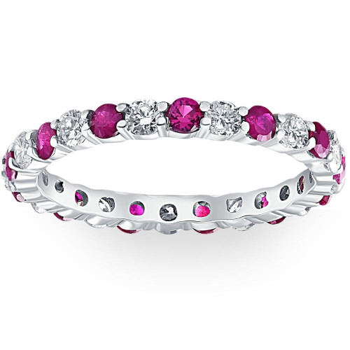 1 cttw Ruby & Diamond Wedding Eternity Stackable Ring 10k White Gold (G-H, I1)