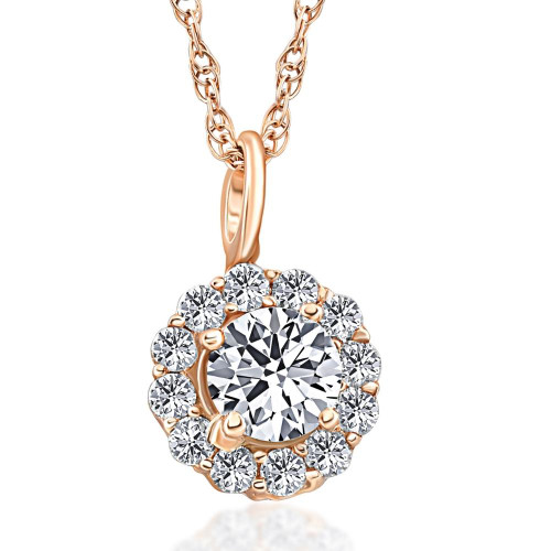 1 Ct Halo Diamond Pendant 14k Rose Gold 18" Chain Necklace (G-H, I1)
