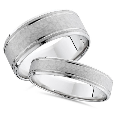 8/4mm Hammered His Hers Wedding Band 14K White Ring Set