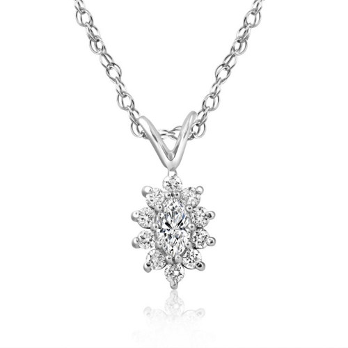 1/2CT Marquise Halo Pave Diamond Solitaire Pendant 10K White Gold Lab Grown (G-H, VS)