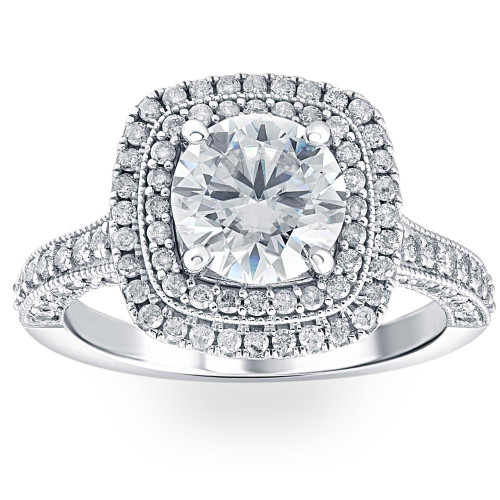3Ct Diamond & Moissanite Cushion Halo Engagement Ring in White or Yellow Gold (G-H, VS)