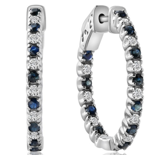 1.25Ct Diamond & Blue Sapphire Inside Outside Hoops 14k White Gold Lab Grown (G-H, VS)