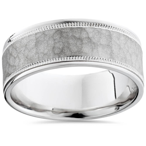 8mm Hammered Comfort Fit 14K White Gold Men's Band