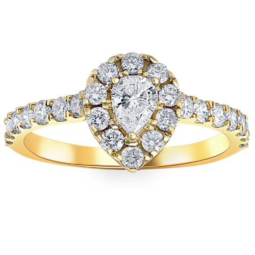 1Ct Pear Shape Diamond Halo Engagement Ring in White, Yellow, or Rose Gold (G-H, I1)