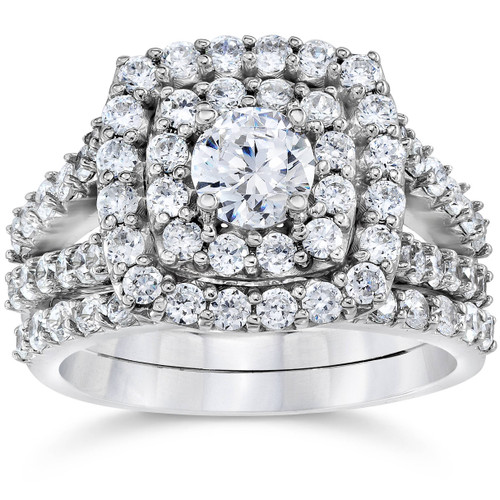 2 cttw Diamond Cushion Double Halo Engagement Wedding Ring Set 10k White Gold (I-J, I1)
