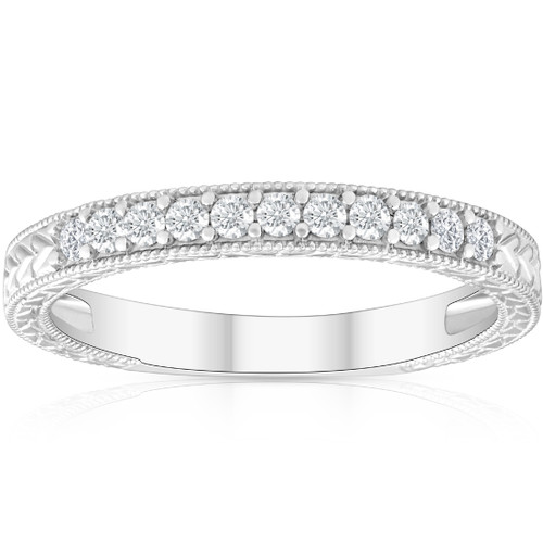 1/4ct Vintage Diamond Hand Engraved Wedding Anniversary Ring 14K White Gold (G-H, I1)