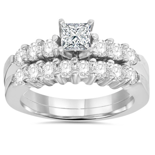 Princess Cut Diamond Engagement Ring Set 1 1/4ct Matching Wedding Bands 14k Gold (G-H, I1)