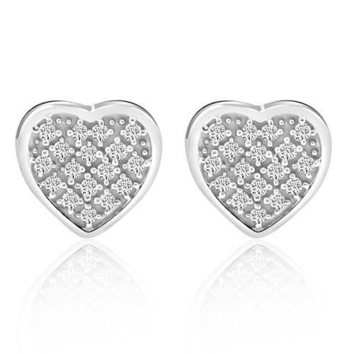 Pave Diamond Heart Studs Screw Back Earrings in White or Yellow Gold 10k (H-I, I1)
