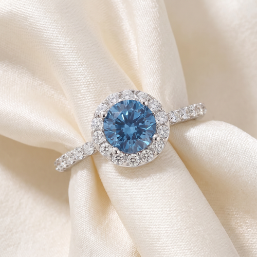 2Ct TW Blue & White Diamond Halo Engagement Ring in 14k White Gold (G-H, VS2-SI1)