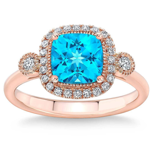 2Ct TW Blue Cushion Topaz & Diamond Halo Engagement Ring in 14k Rose Gold (G-H, I1)