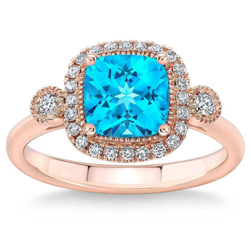 2Ct TW Blue Cushion Topaz & Diamond Halo Engagement Ring in 14k Rose Gold (G-H, I1)