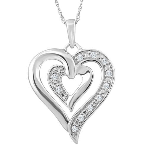 10K White Gold 1/10Ct TW Real Diamond Heart Pendant Necklace (G-H, I2-I3)