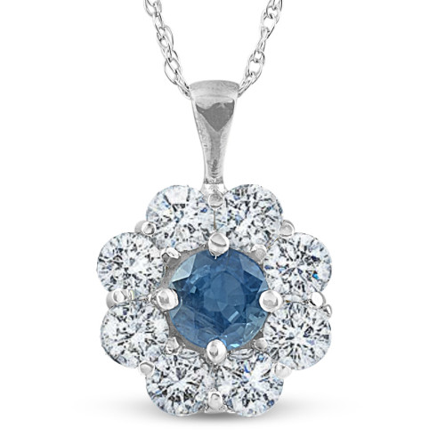 1 1/4ct Blue Sapphire & Diamond Halo Pendant 14K White Gold (G-H, I1)