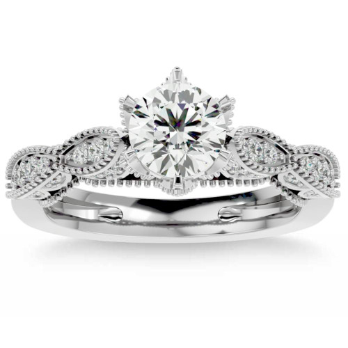1 3/8Ct Vintage Moissanite & Diamond Engagement Ring White, Yellow, Rose Gold (H-I, I2-I3)