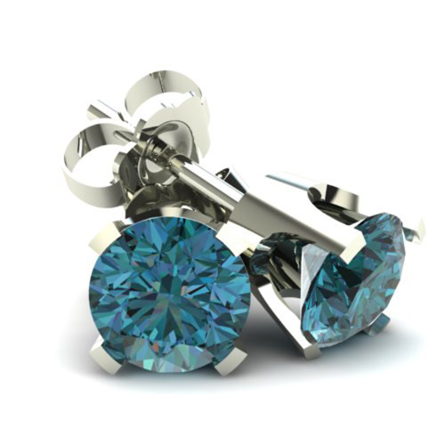 .50Ct Round Brilliant Cut Heat Treated Blue Diamond Stud Earrings in 14K Gold Classic Setting (Blue, SI)