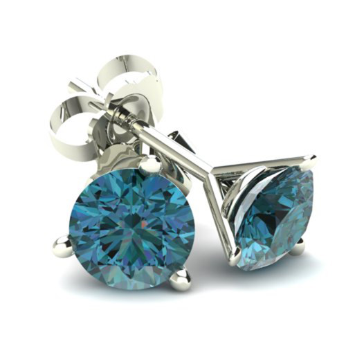 1.00Ct Round Brilliant Cut Heat Treated Blue Diamond Stud Earrings in 14K Gold Martini Setting (Blue, SI)