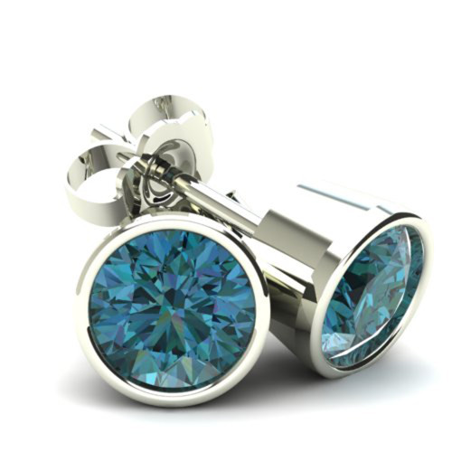 .85Ct Round Brilliant Cut Heat Treated Blue Diamond Stud Earrings in 14K Gold Round Bezel Setting (Blue, SI)