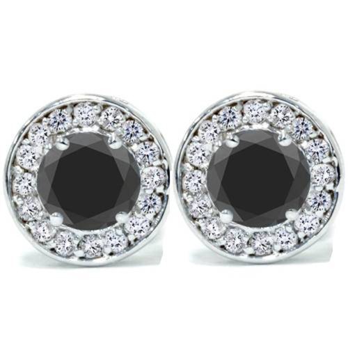 5/8ct Black & Diamond Round Halo Studs 14K White Gold 1/3" (G-H, I2-I3)