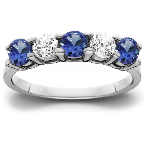 1 cttw Blue Sapphire & Diamond 5-Stone Wedding Anniversary Ring 14k White Gold (H-I, I1) 1 cttw Blue Sapphire & Diamond 5-Stone Wedding Anniversary Ring 14k White Gold (H-I, I1)