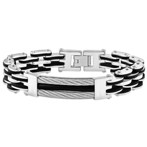 Men's Steel Brushed And Black Two Tone 13.5mm Link Flexible Wired 8 " Bracelet