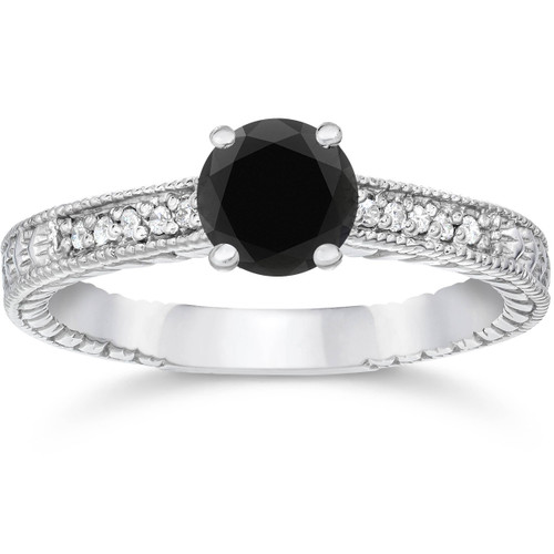 1 1/5ct Vintage Treated Black & White Diamond Engagement Ring 14K White Gold (H-I, I1)