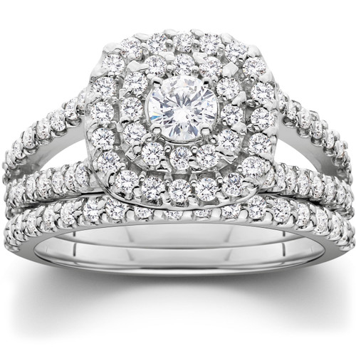 1 1/10ct Cushion Halo Diamond Engagement Wedding Ring Set 10K White Gold Carat (G-H, I1)