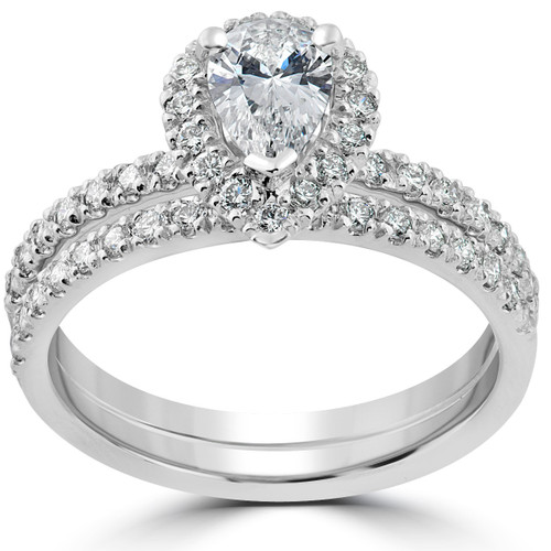 1 1/10ct Pear Halo Diamond Engagement Wedding Ring Set 14k White Gold Lab Grown (F-G, VS)