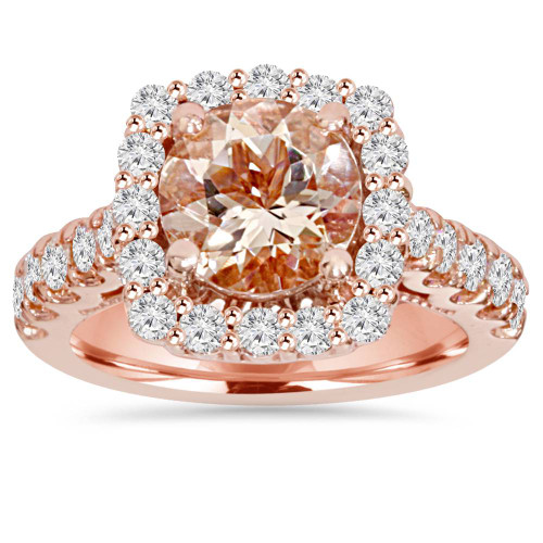 2 1/2CT Morganite & Diamond Cushion Halo Engagement Ring 14K Rose Gold (H-I, I1)
