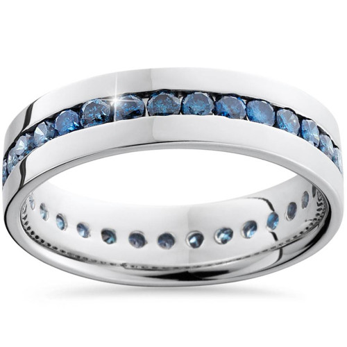 Men's 1 1/5ct Blue Diamond Channel Set Eternity Ring 14K White Gold Wedding Band (Blue, I1)