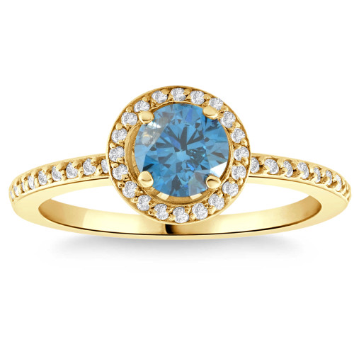 1 1/3Ct TW Blue & White Diamond Halo Engagement Ring in 14k Yellow Gold (Blue, SI)
