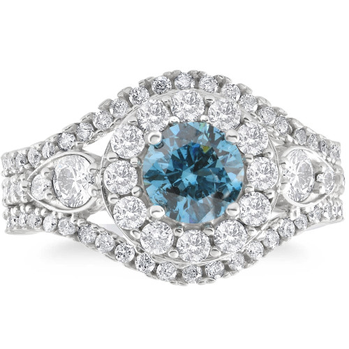 2Ct TW Blue & White Diamond Multi Row Engagement Ring in 14k White Gold (Blue, I1)